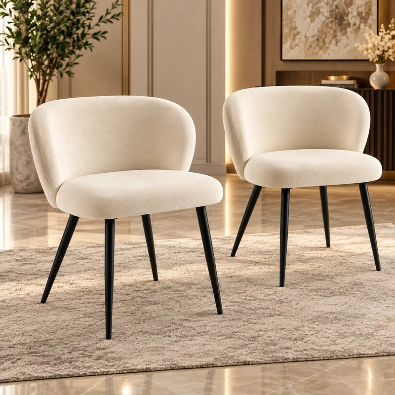 Elegant Cream Upholstered Accent Chair with Curved Backrest & Black Metal Legs