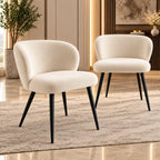 Elegant Cream Upholstered Accent Chair with Curved Backrest & Black Metal Legs