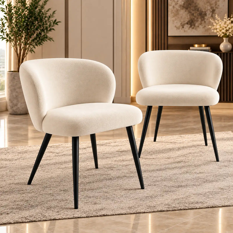 Elegant Cream Upholstered Accent Chair with Curved Backrest & Black Metal Legs