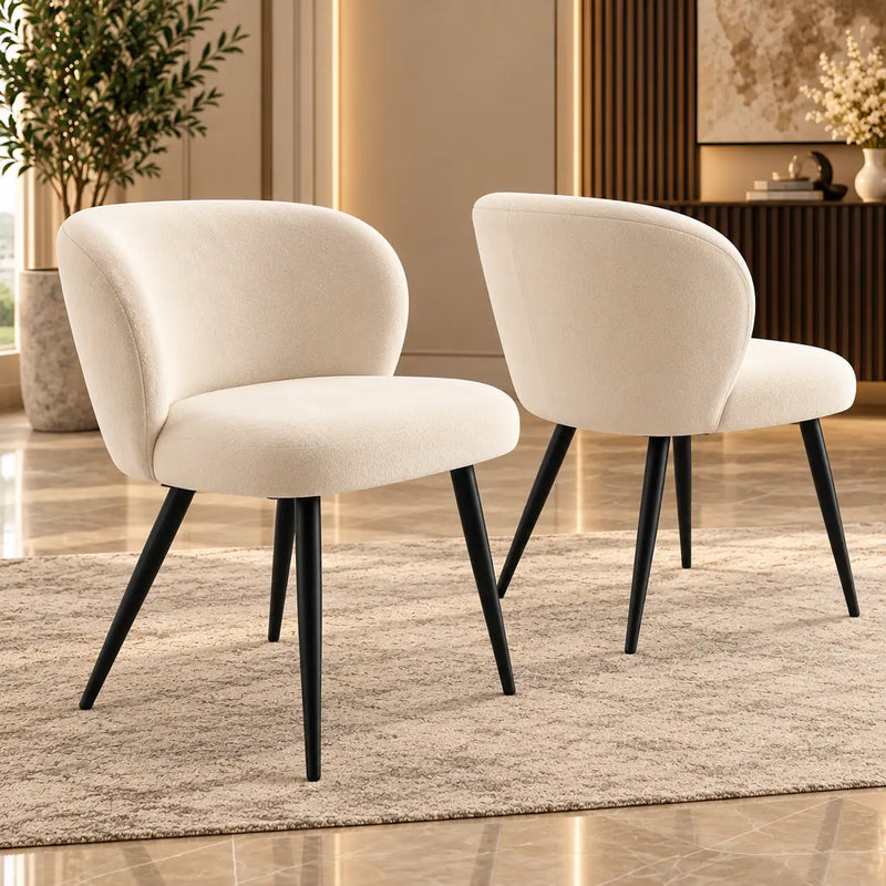 Elegant Cream Upholstered Accent Chair with Curved Backrest & Black Metal Legs