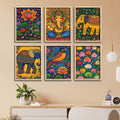 elegant-cultural-devotional-wall-frame-set-of-six-with-ganesh-lotus-and-bird-artwork