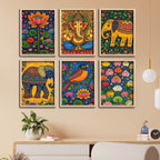elegant-cultural-devotional-wall-frame-set-of-six-with-ganesh-lotus-and-bird-artwork