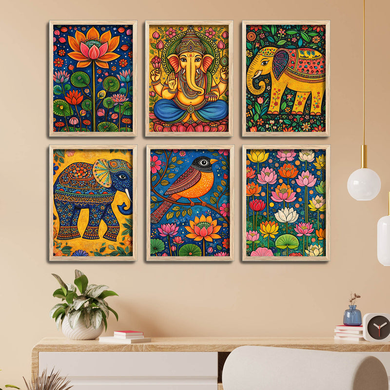 elegant-cultural-devotional-wall-frame-set-of-six-with-ganesh-lotus-and-bird-artwork