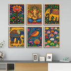 Elegant Cultural Devotional Wall Frame Set of Six with Ganesh Lotus and Bird Artwork