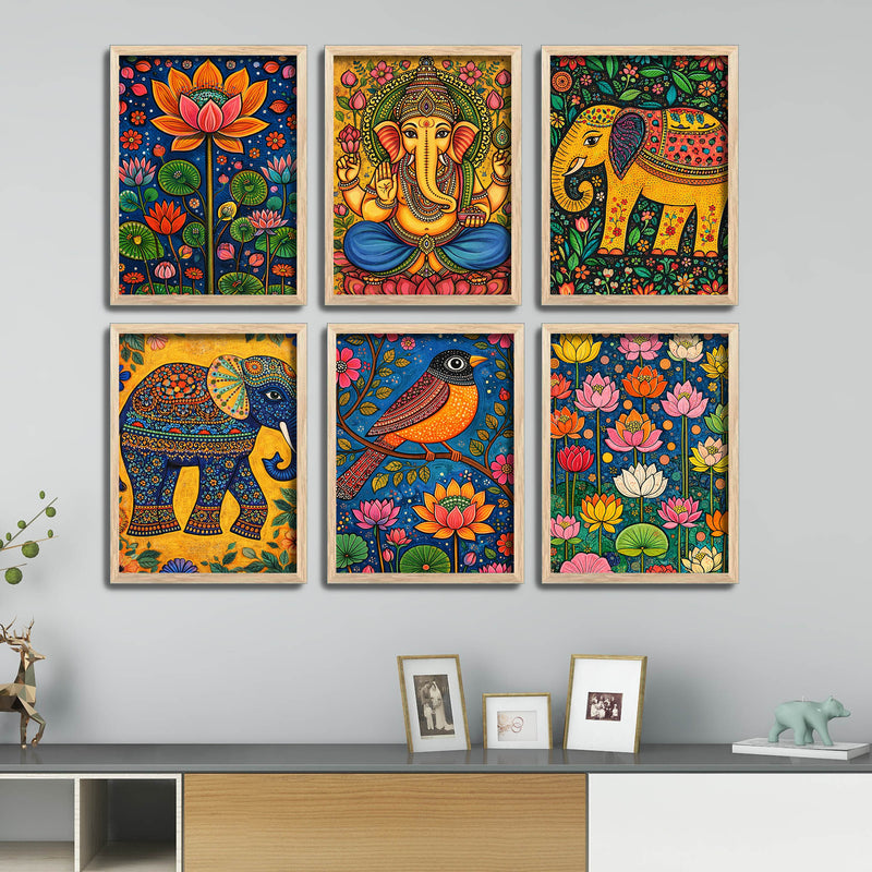 Elegant Cultural Devotional Wall Frame Set of Six with Ganesh Lotus and Bird Artwork