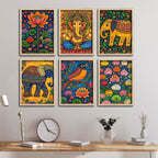 Elegant Cultural Devotional Wall Frame Set of Six with Ganesh Lotus and Bird Artwork