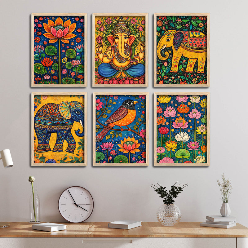 Elegant Cultural Devotional Wall Frame Set of Six with Ganesh Lotus and Bird Artwork