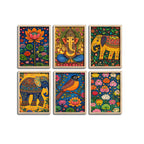 Elegant Cultural Devotional Wall Frame Set of Six with Ganesh Lotus and Bird Artwork