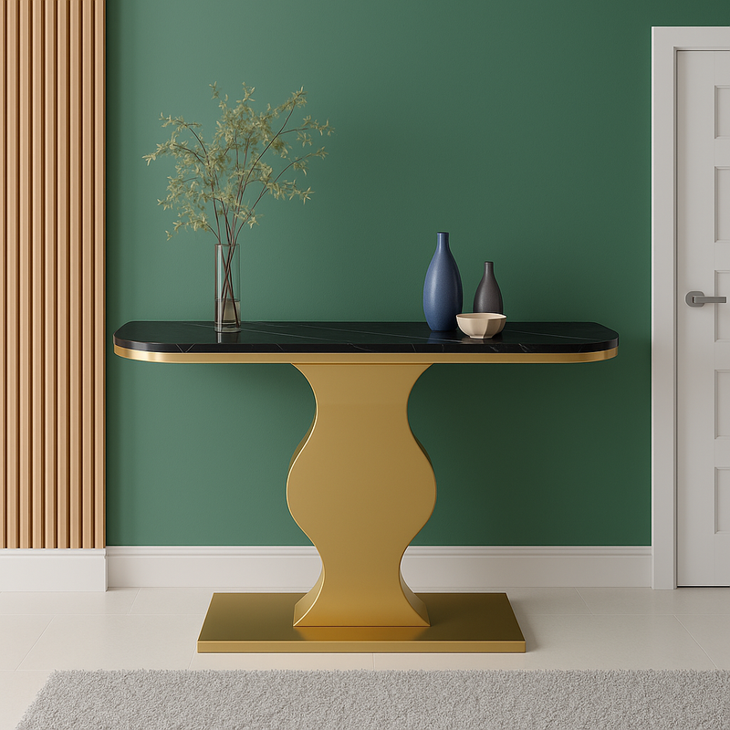 Elegant Curvy Gold Console Table with Sleek Black Marble Top