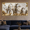 Elegant Elephant Family with Golden Leaves 3D Canvas Wall Painting