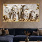 Elegant Elephant Family with Golden Leaves 3D Canvas Wall Painting