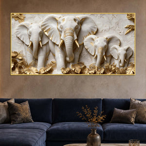 Elegant Elephant Family with Golden Leaves 3D Canvas Wall Painting