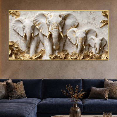 Elegant Elephant Family with Golden Leaves 3D Canvas Wall Painting