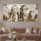 Elegant Elephant Family with Golden Leaves 3D Canvas Wall Painting