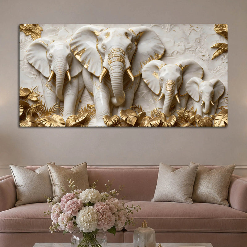 Elegant Elephant Family with Golden Leaves 3D Canvas Wall Painting