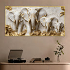 Elegant Elephant Family with Golden Leaves 3D Canvas Wall Painting