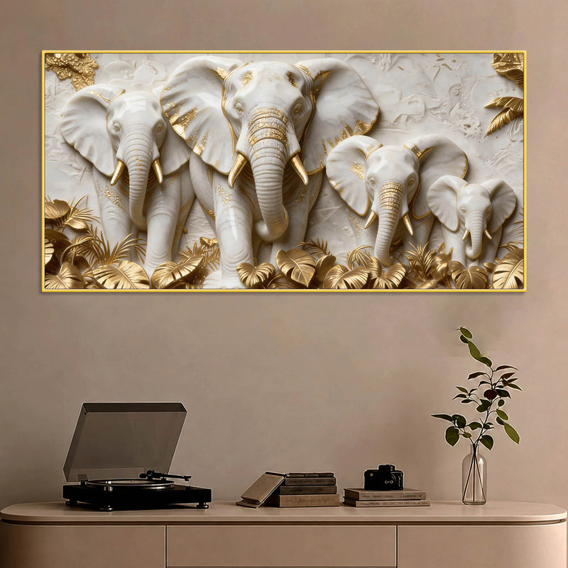 Elegant Elephant Family with Golden Leaves 3D Canvas Wall Painting