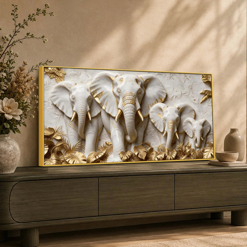 Elegant Elephant Family with Golden Leaves 3D Canvas Wall Painting