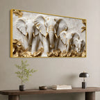 Elegant Elephant Family with Golden Leaves 3D Canvas Wall Painting