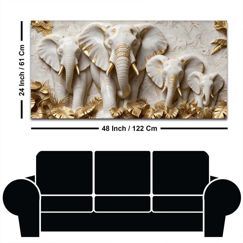 Elegant Elephant Family with Golden Leaves 3D Canvas Wall Painting