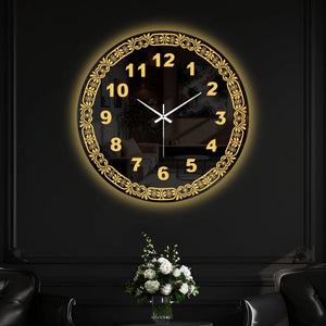 Elegant Floral Frame LED Mirror Wall Clock with Golden Backlight