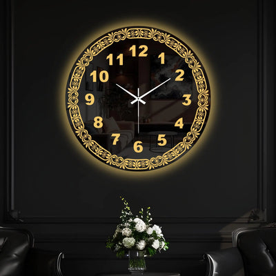 Elegant Floral Frame LED Mirror Wall Clock with Golden Backlight