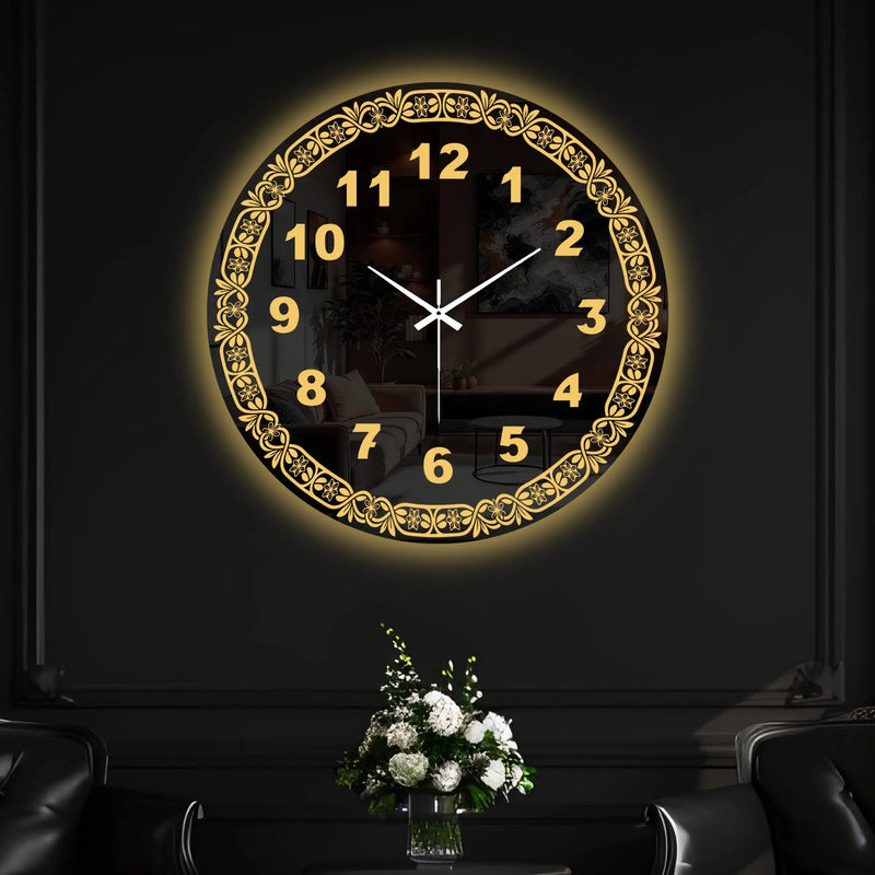 Elegant Floral Frame LED Mirror Wall Clock with Golden Backlight
