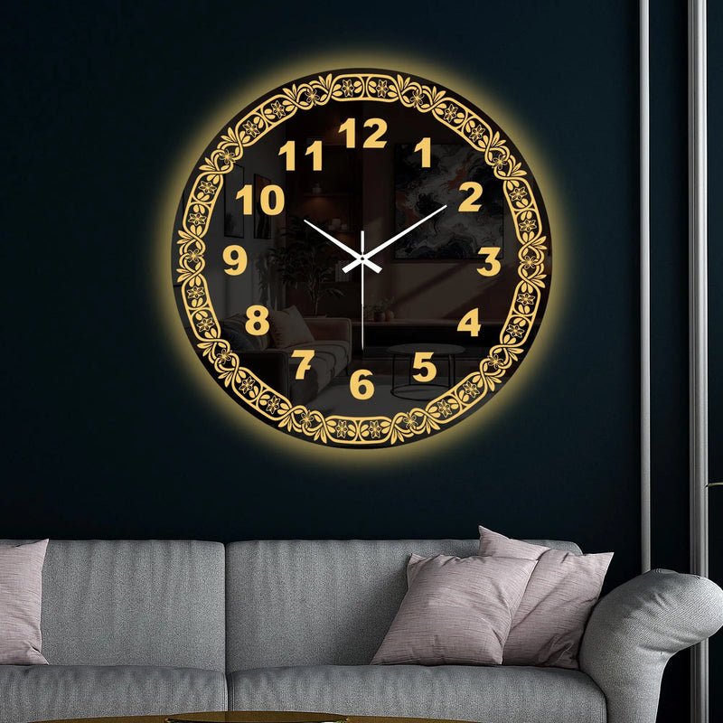 Elegant Floral Frame LED Mirror Wall Clock with Golden Backlight