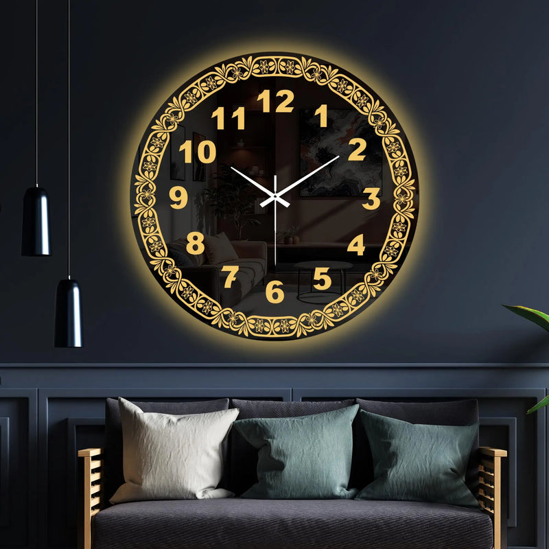 Elegant Floral Frame LED Mirror Wall Clock with Golden Backlight