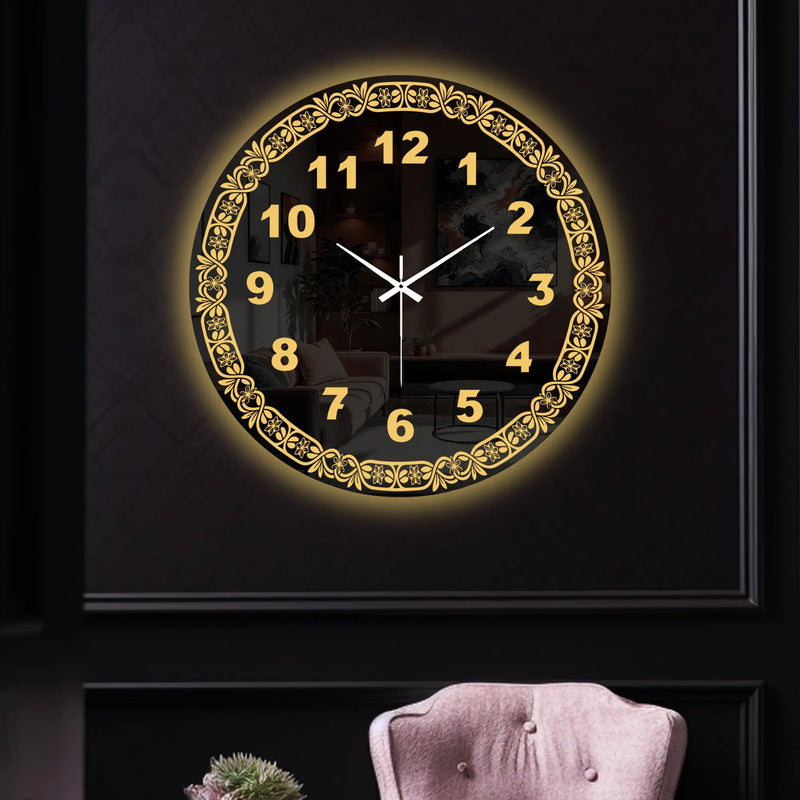 Elegant Floral Frame LED Mirror Wall Clock with Golden Backlight
