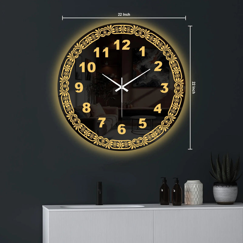 Elegant Floral Frame LED Mirror Wall Clock with Golden Backlight