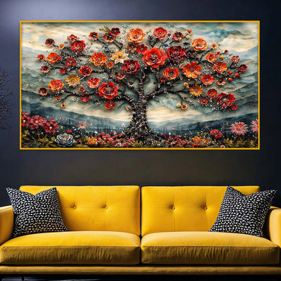Elegant Floral Tree Crystal Glass Painting for Living Room