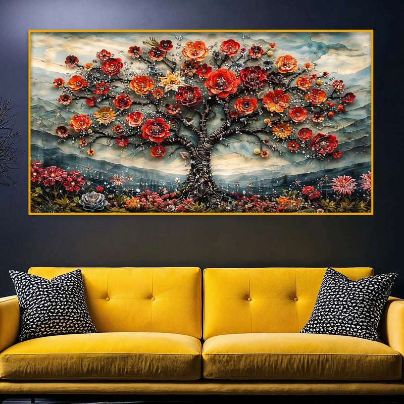 Elegant Floral Tree Crystal Glass Painting for Living Room