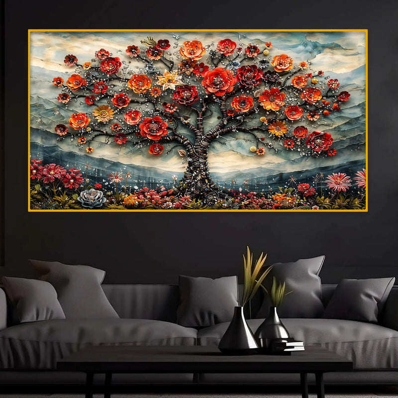 Elegant Floral Tree Crystal Glass Painting for Living Room