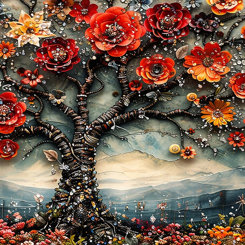 Elegant Floral Tree Crystal Glass Painting for Living Room