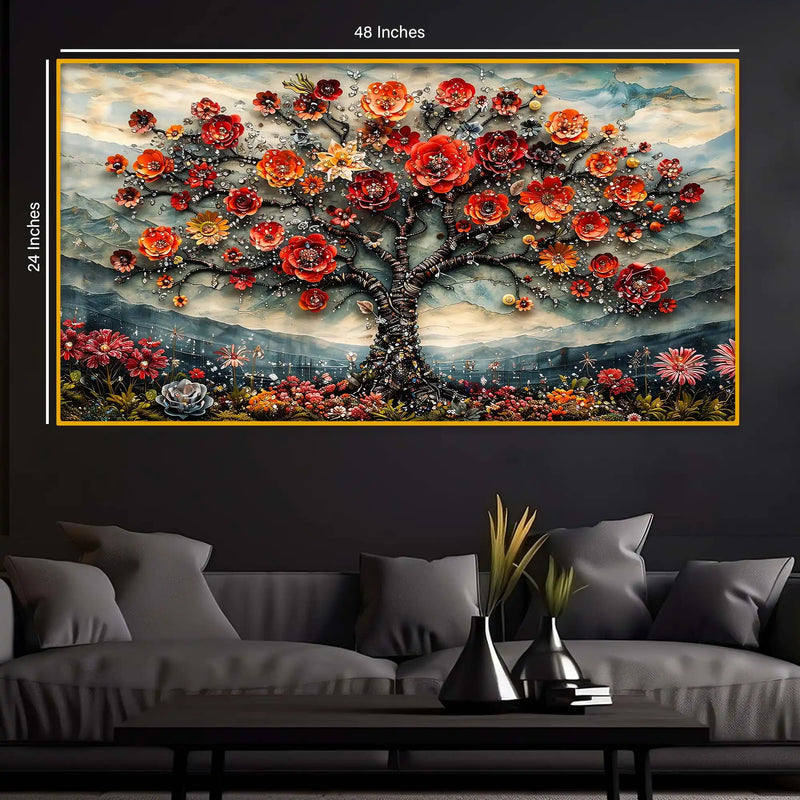 Elegant Floral Tree Crystal Glass Painting for Living Room