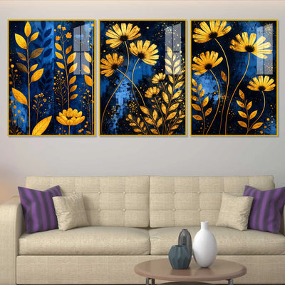 Elegant Flower Floating Acrylic Wall Painting Set of 3