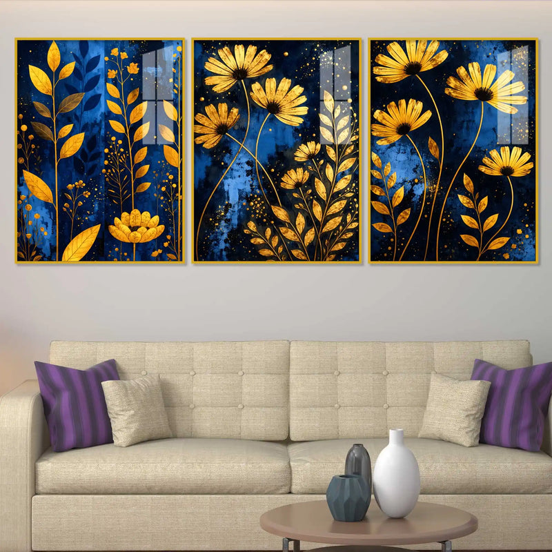 Elegant Flower Floating Acrylic Wall Painting Set of 3