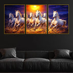 Elegant Galloping White Horses with Golden Sunset Floating Frame Crystal Wall Painting Set of 3
