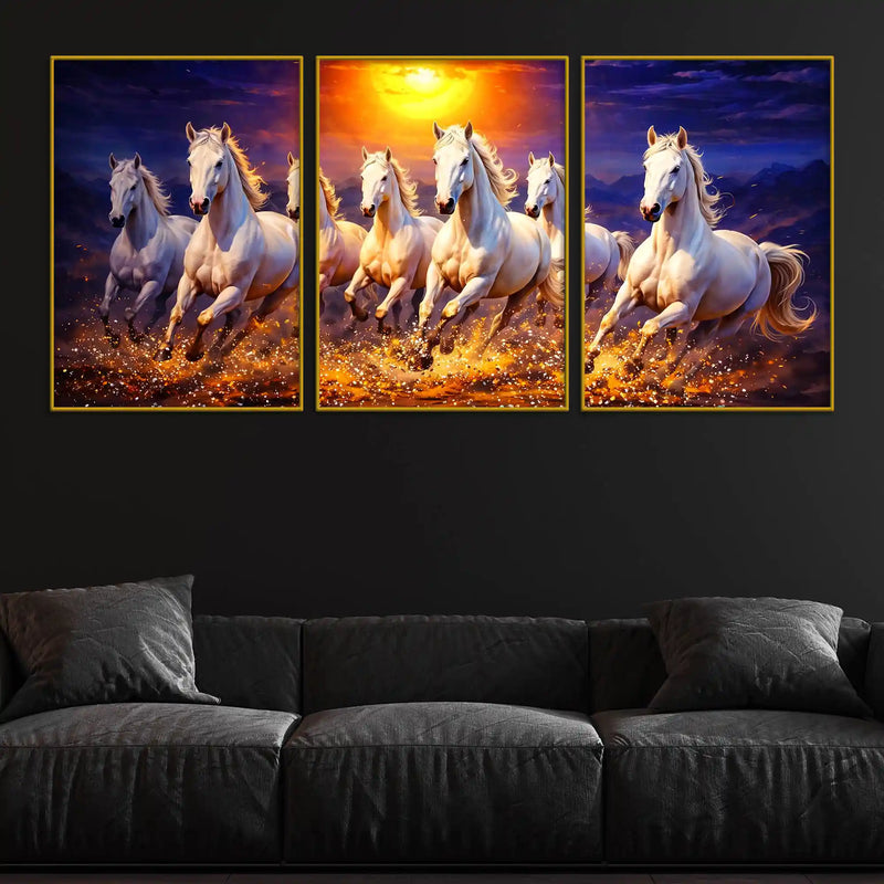 Elegant Galloping White Horses with Golden Sunset Floating Frame Crystal Wall Painting Set of 3