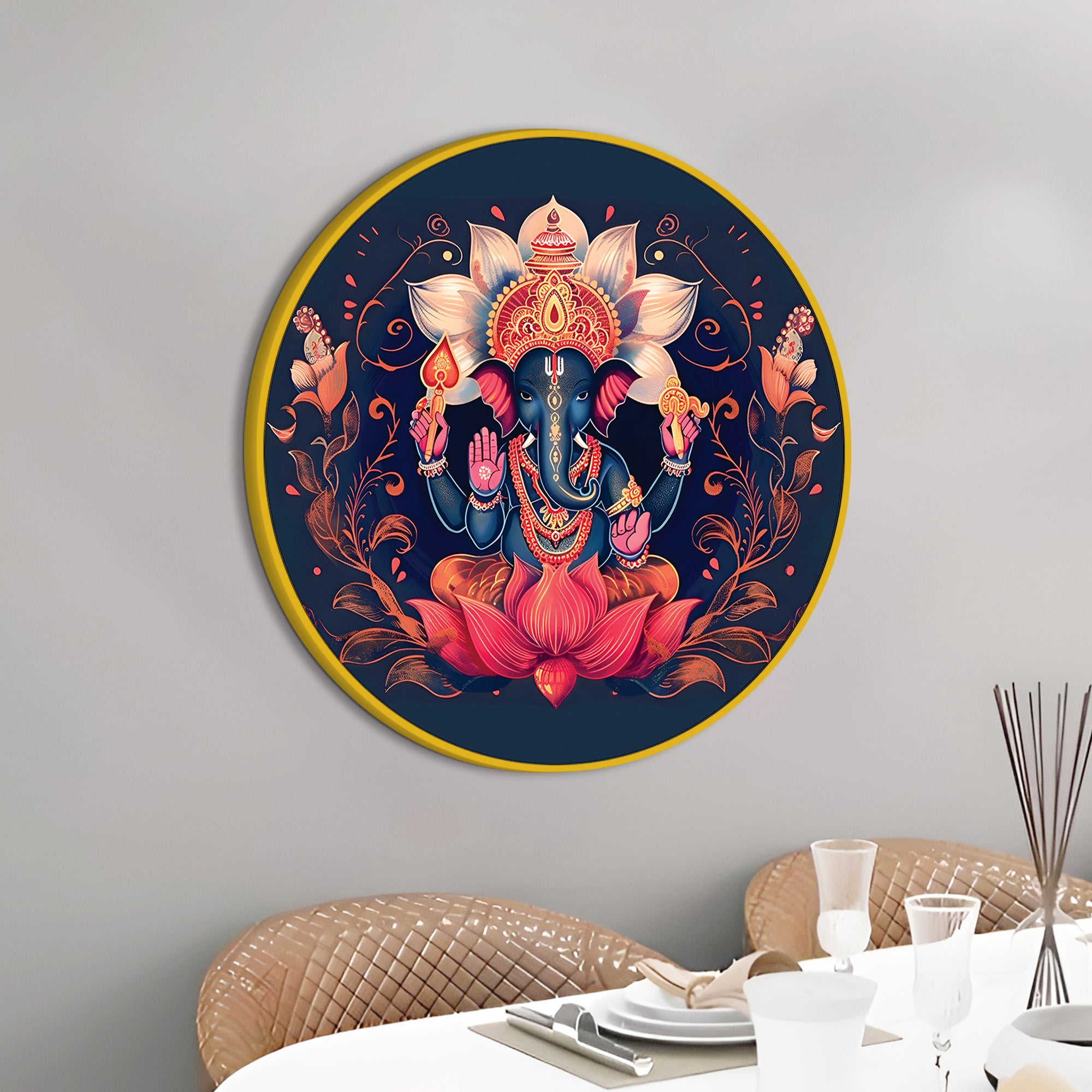 Elegant Ganesh Ji Round Canvas Painting