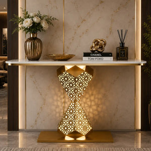 Elegant Gold LED Console Table with Smooth White Marble Top (SS 302)