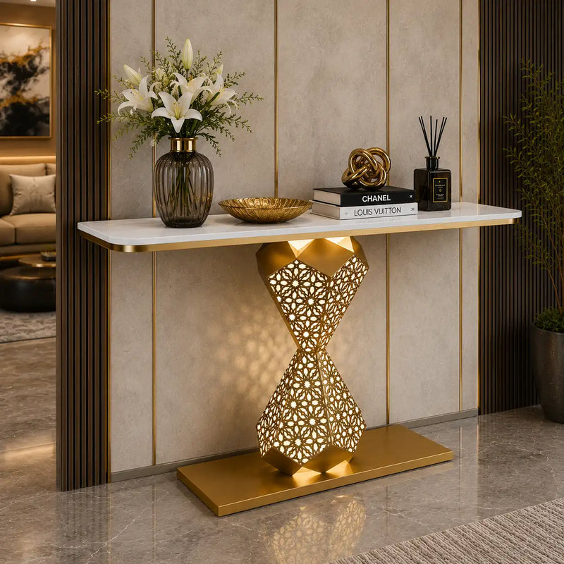 Elegant Gold LED Console Table with Smooth White Marble Top (SS 302)