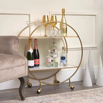 Elegant Gold & Marble Round Bar Cart Drinks Trolley