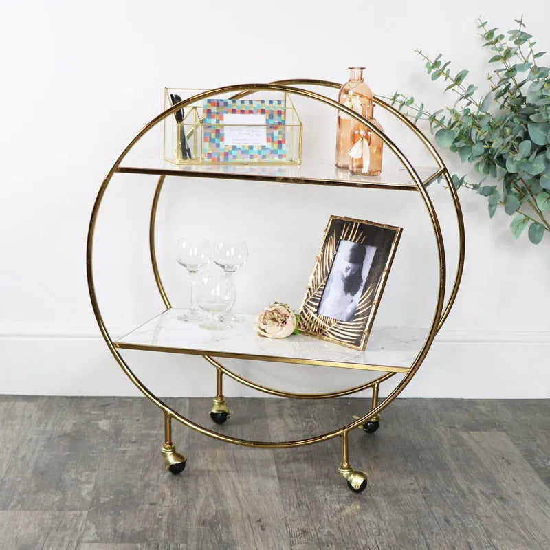Elegant Gold & Marble Round Bar Cart Drinks Trolley
