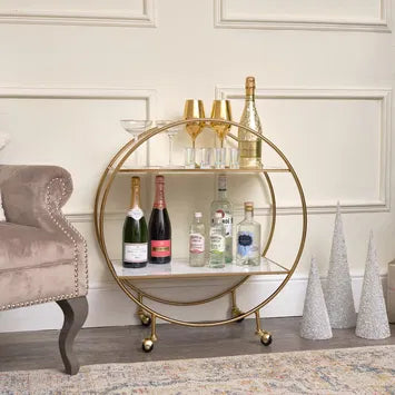 Elegant Gold & Marble Round Bar Cart Drinks Trolley
