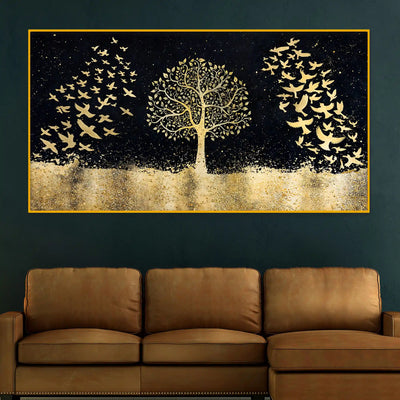 Elegant Gold Tree and Birds Crystal Glass Wall Décor Painting