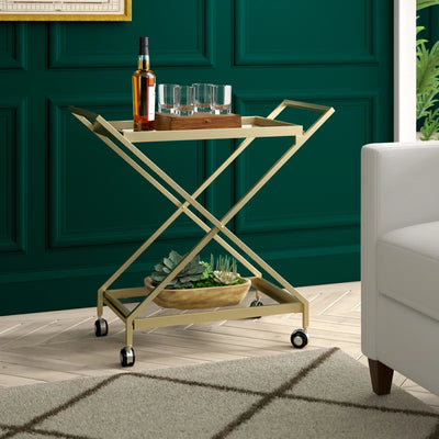 Elegant Golden Finish Drink Cart with Crossed Metal Frame