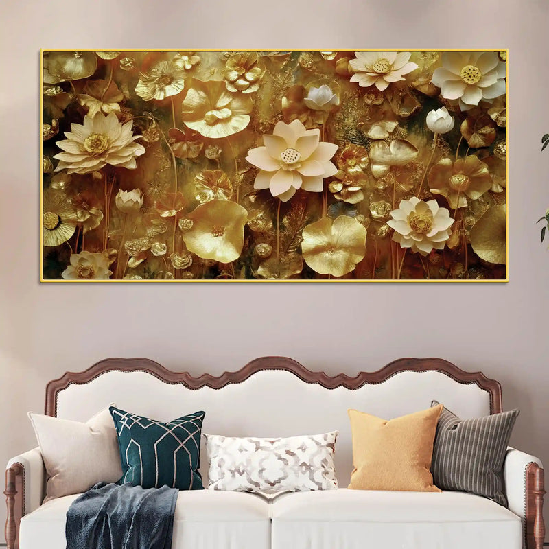 Elegant Golden Floral Canvas Wall Art Luxury Painting