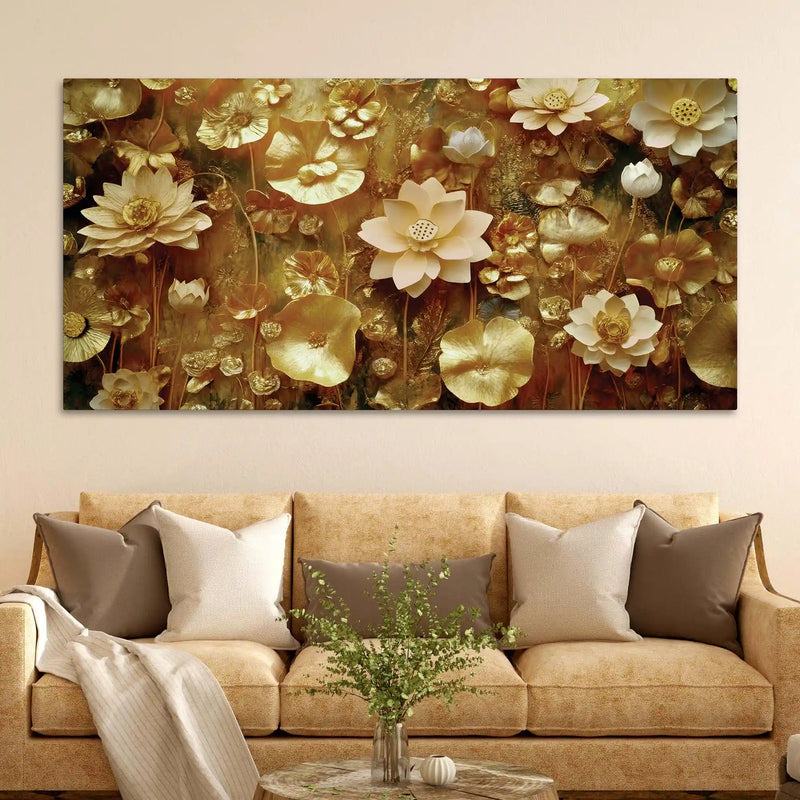 Elegant Golden Floral Canvas Wall Art Luxury Painting